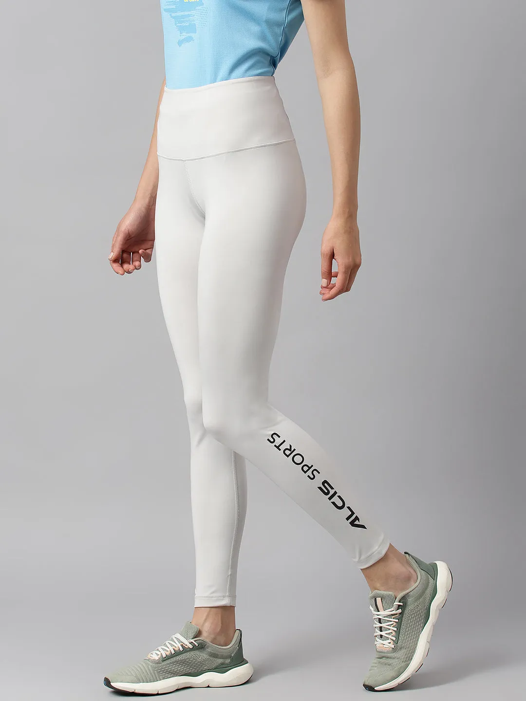 Alcis Women Printed Light Grey Anti-Static Slim-Fit Running Tights