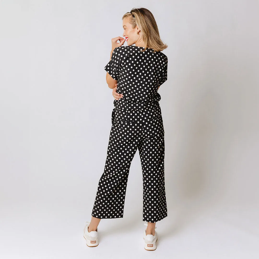 Audrey Wide Leg Pants, Black Polka Dot