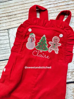 Baby girl monogrammed Christmas overalls in red corduroy with cookie design, corduroy overalls, gingerbread girl Christmas outfit