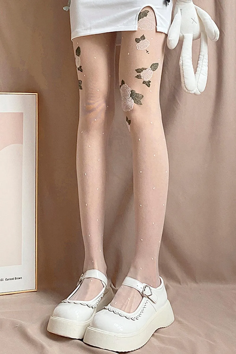 benpaolv White Roses Thin Translucent Tights