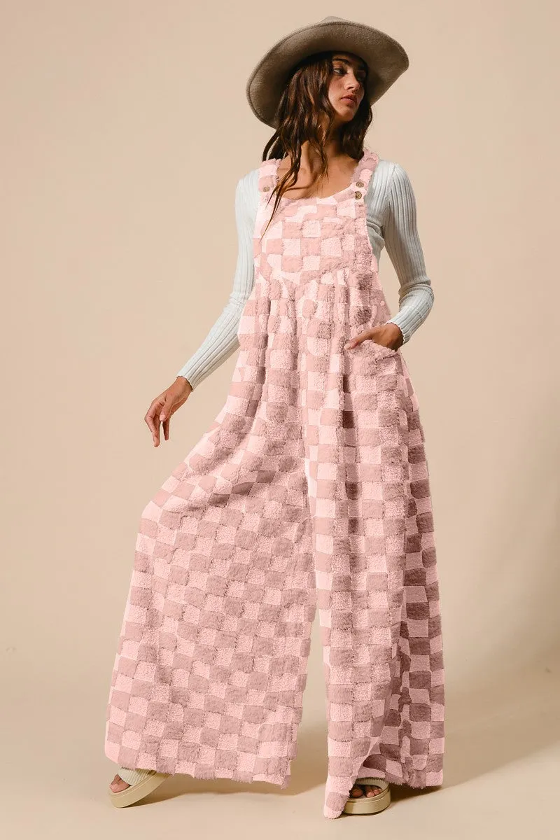 BiBi Checker Print Sherpa Wide Leg Overalls in Dusty Pink/Blush