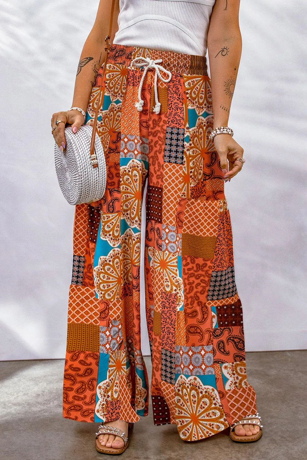 Bohemian Patchwork Drawstring Wide Leg Pants