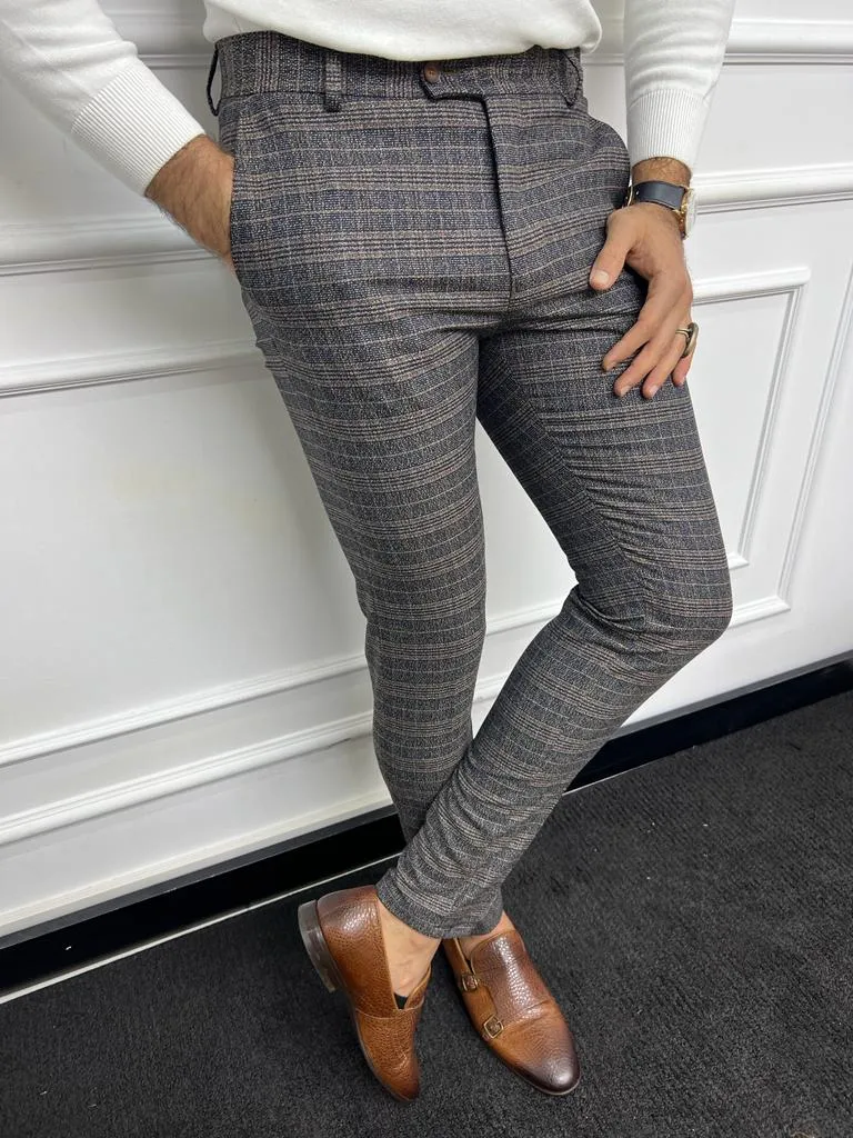 Bojoni Astoria Navy Blue Slim Fit Plaid Wool Pants