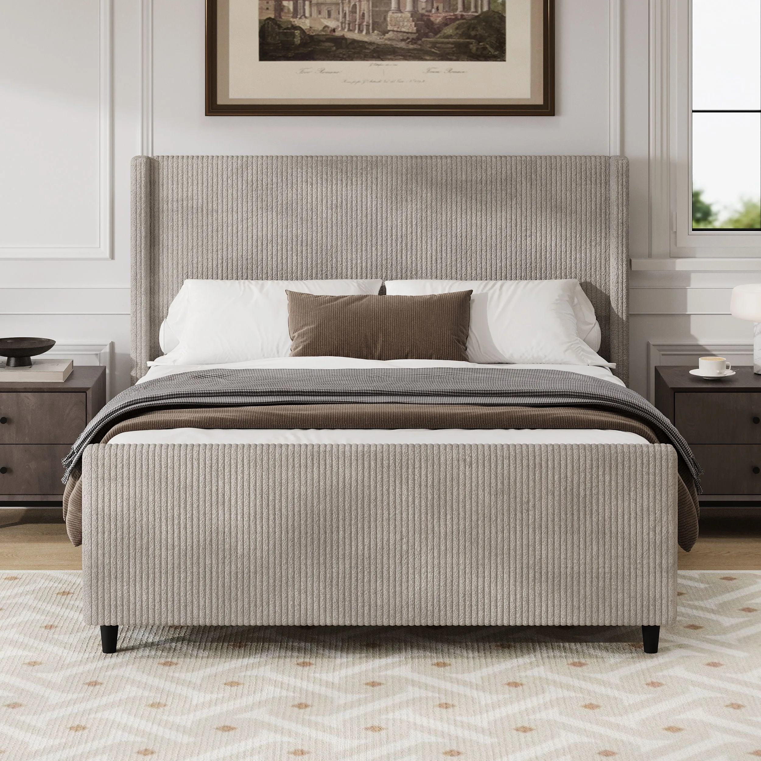 Corduroy Upholstered Bed Frame With Vertical Stripe Wingback And High Footboard No Box Spring Needed