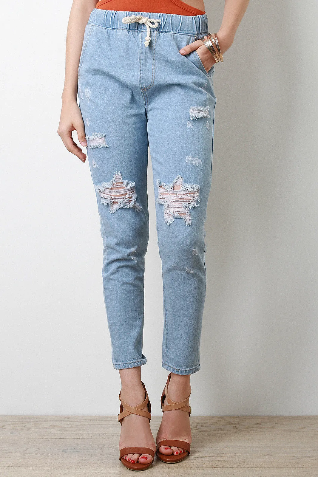 Drawstring Distressed Denim Jogger Pants