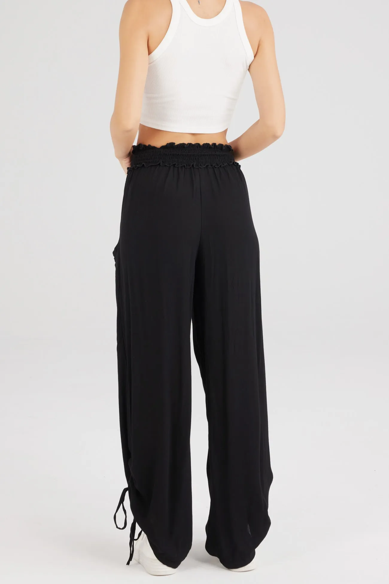 Drawstring Shirred Waist Wide Leg Trousers