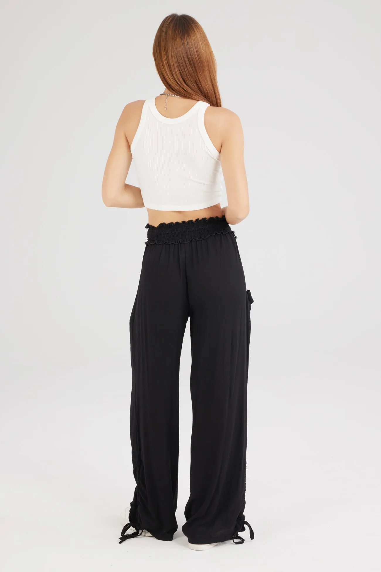 Drawstring Shirred Waist Wide Leg Trousers