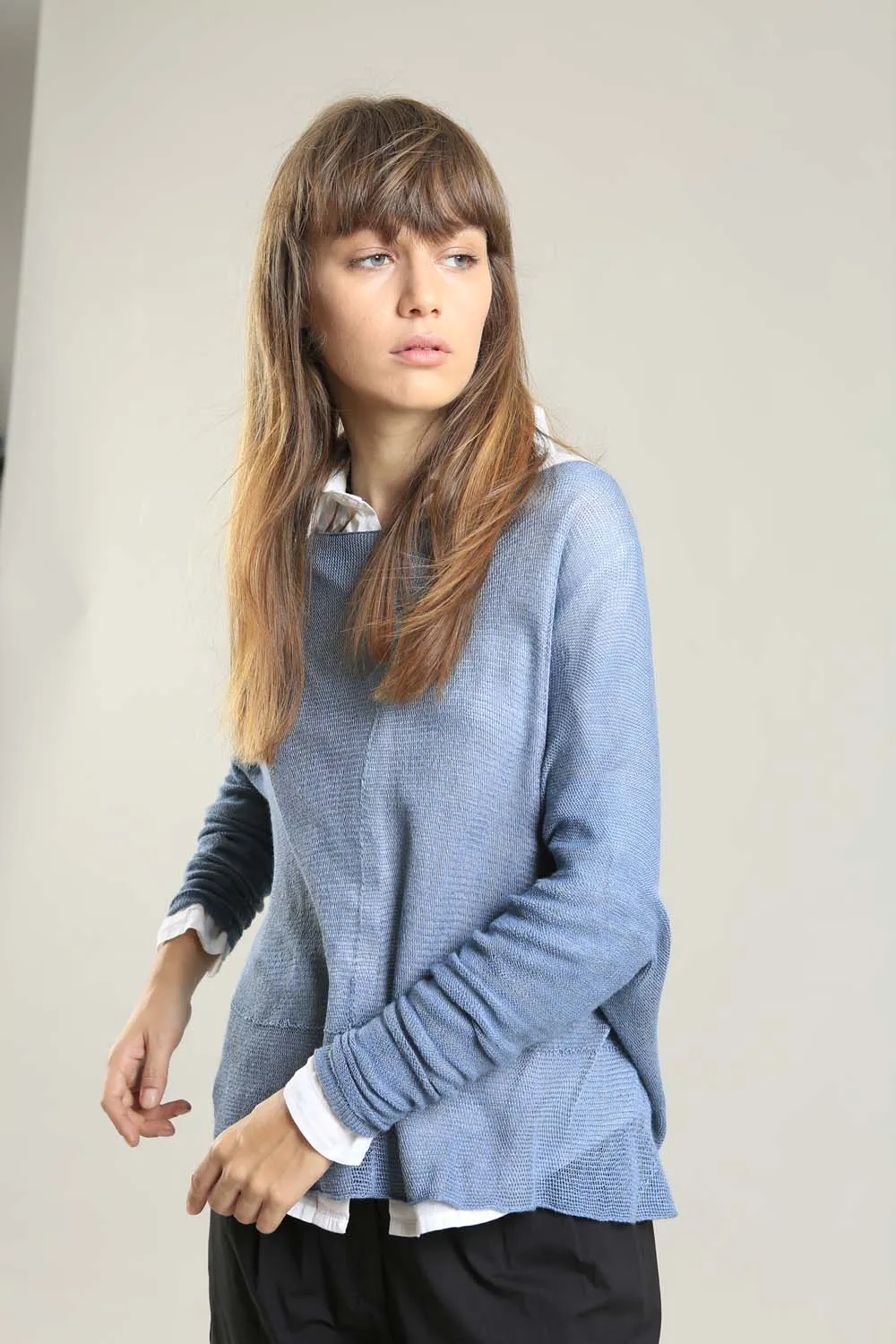 Dusty Blue boat neck Oversize knitted shirt with Long Sleeves