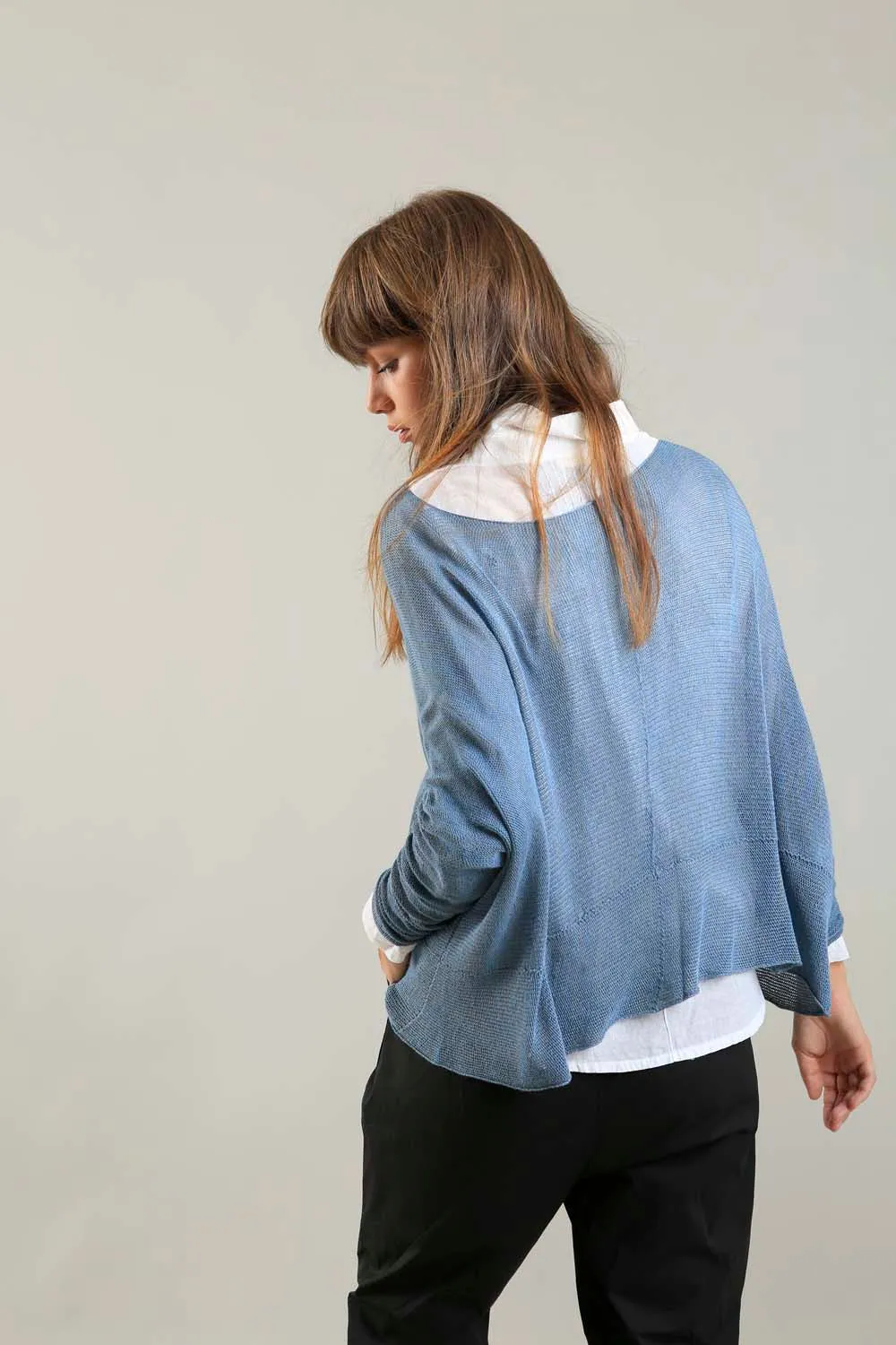 Dusty Blue boat neck Oversize knitted shirt with Long Sleeves