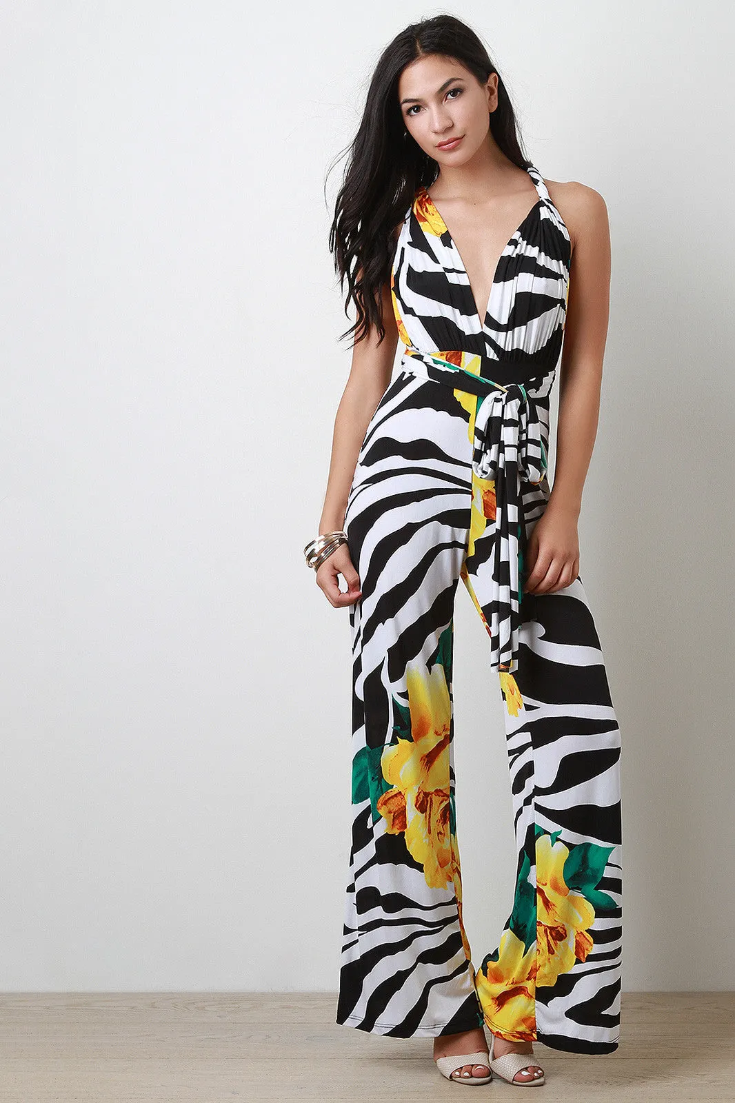 Floral Zebra Halter Open Back Jumpsuit