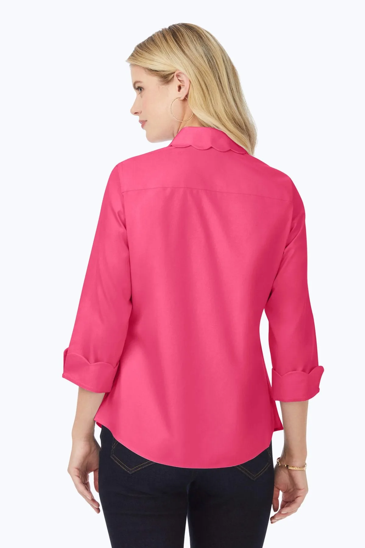 Gwen 3/4 Sleeve Pinpoint No Iron Scallop Shirt