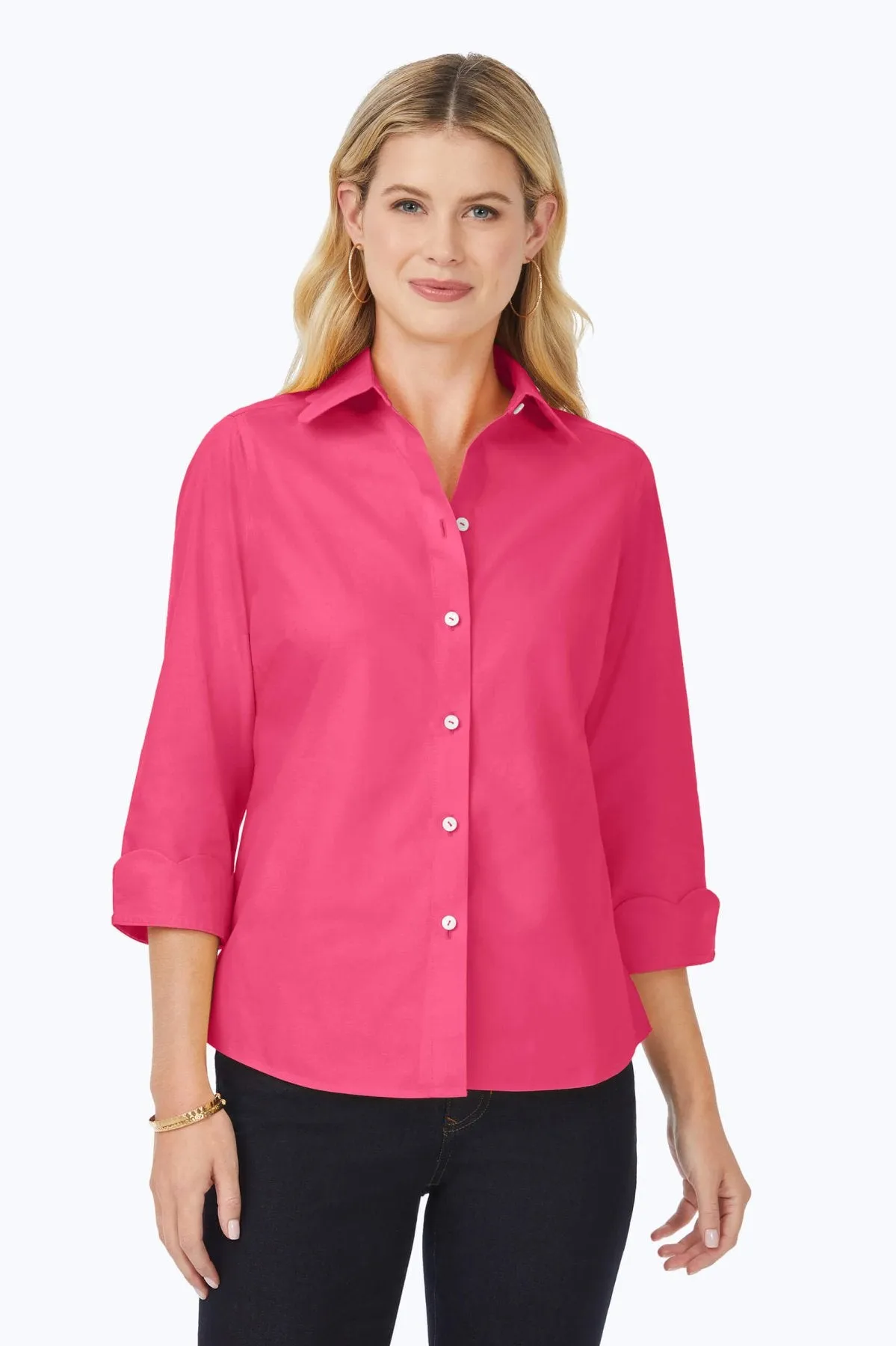 Gwen 3/4 Sleeve Pinpoint No Iron Scallop Shirt