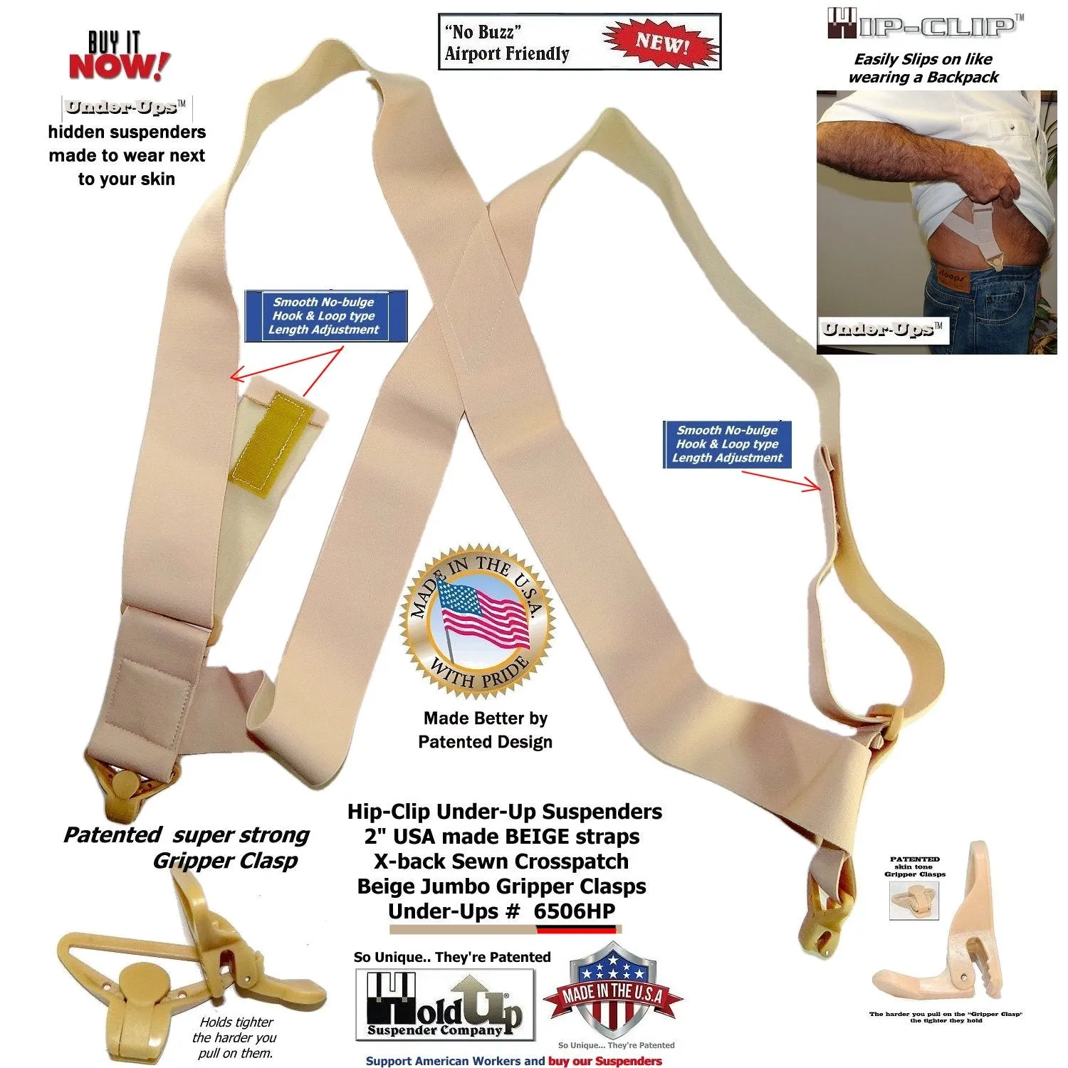 HoldUp Brand 2" Wide Tan Under Up Suspenders With Patented Jumbo Gripper Clasp