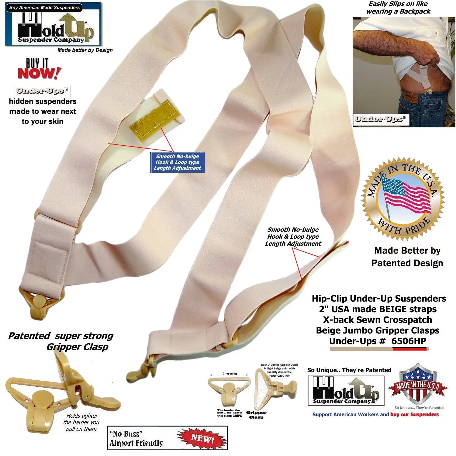 HoldUp Brand 2" Wide Tan Under Up Suspenders With Patented Jumbo Gripper Clasp