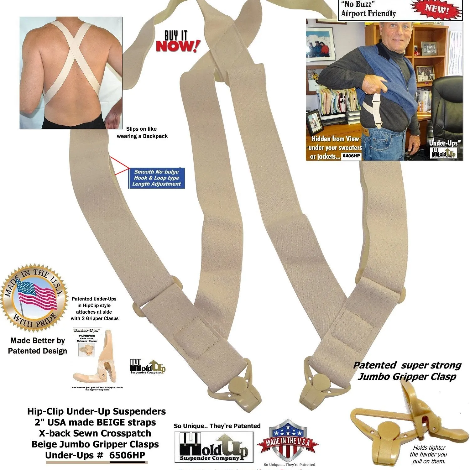 HoldUp Brand 2" Wide Tan Under Up Suspenders With Patented Jumbo Gripper Clasp