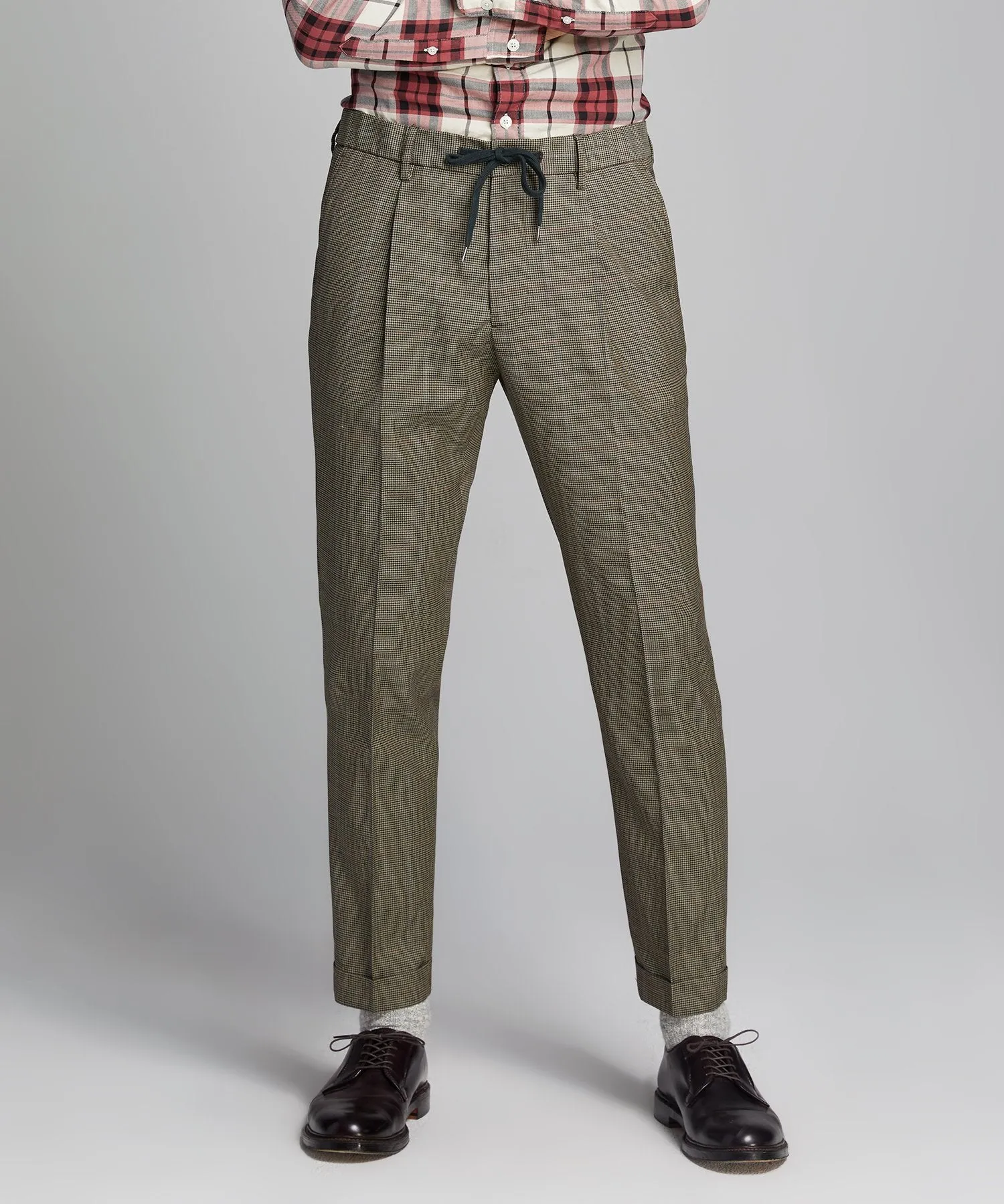 Italian Stretch Wool Drawstring Trouser in Brown Plaid