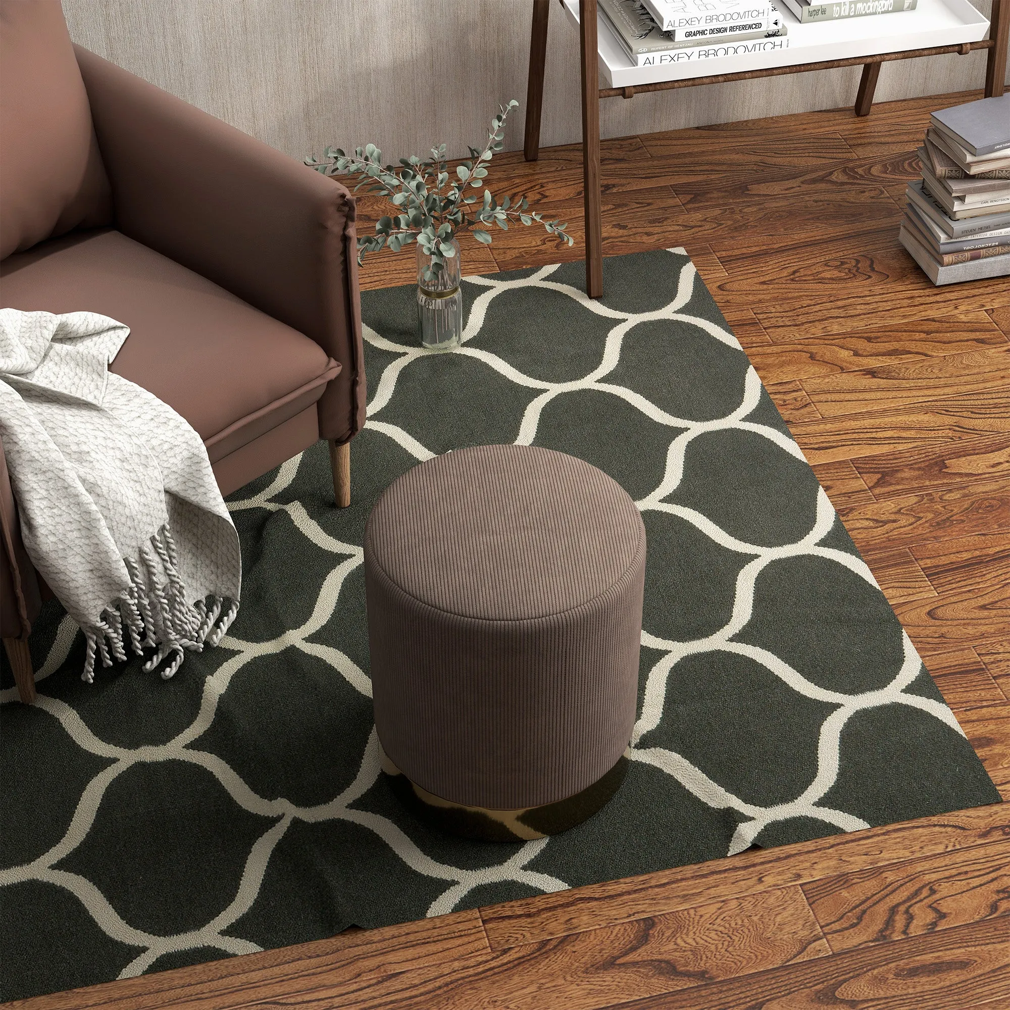 Modern Round Footstool, Fabric Upholstered Foot Rest, Light Brown