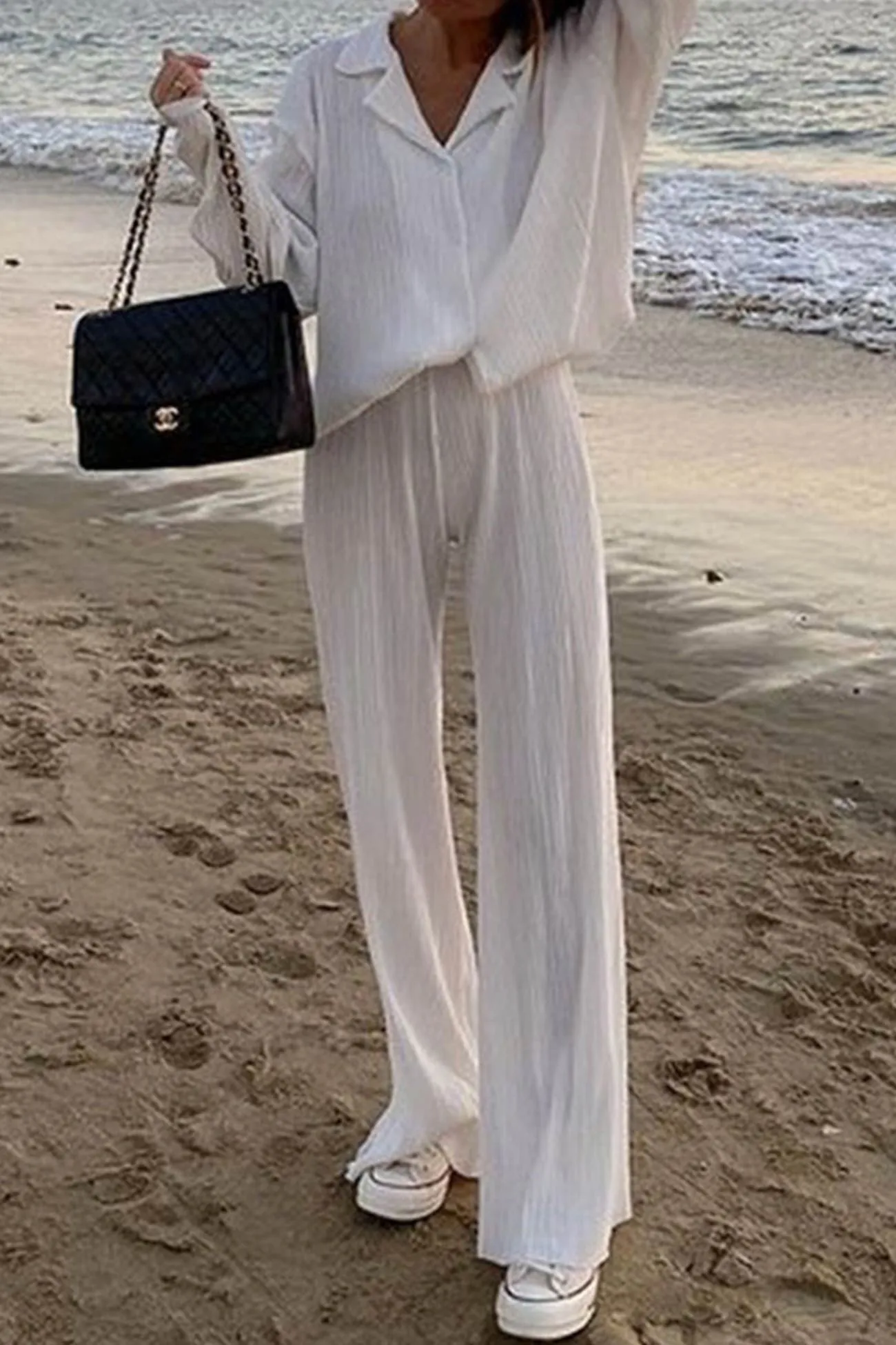 Pleated Shirt Wide Leg Pants Set