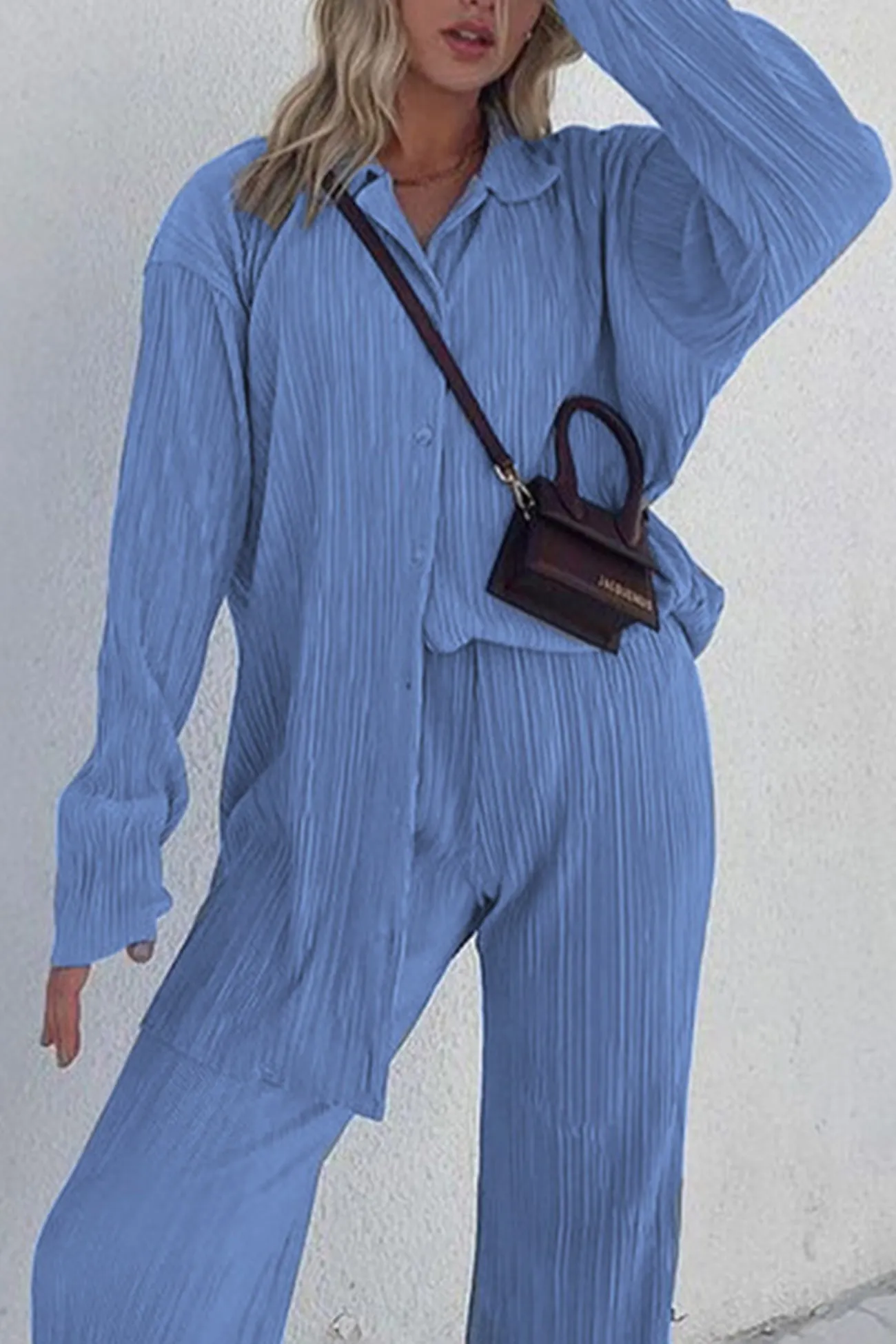 Pleated Shirt Wide Leg Pants Set