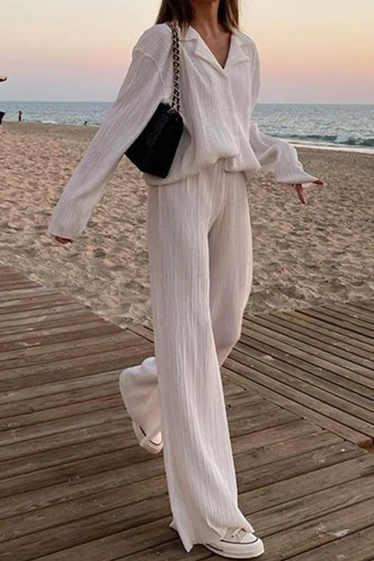 Pleated Shirt Wide Leg Pants Set