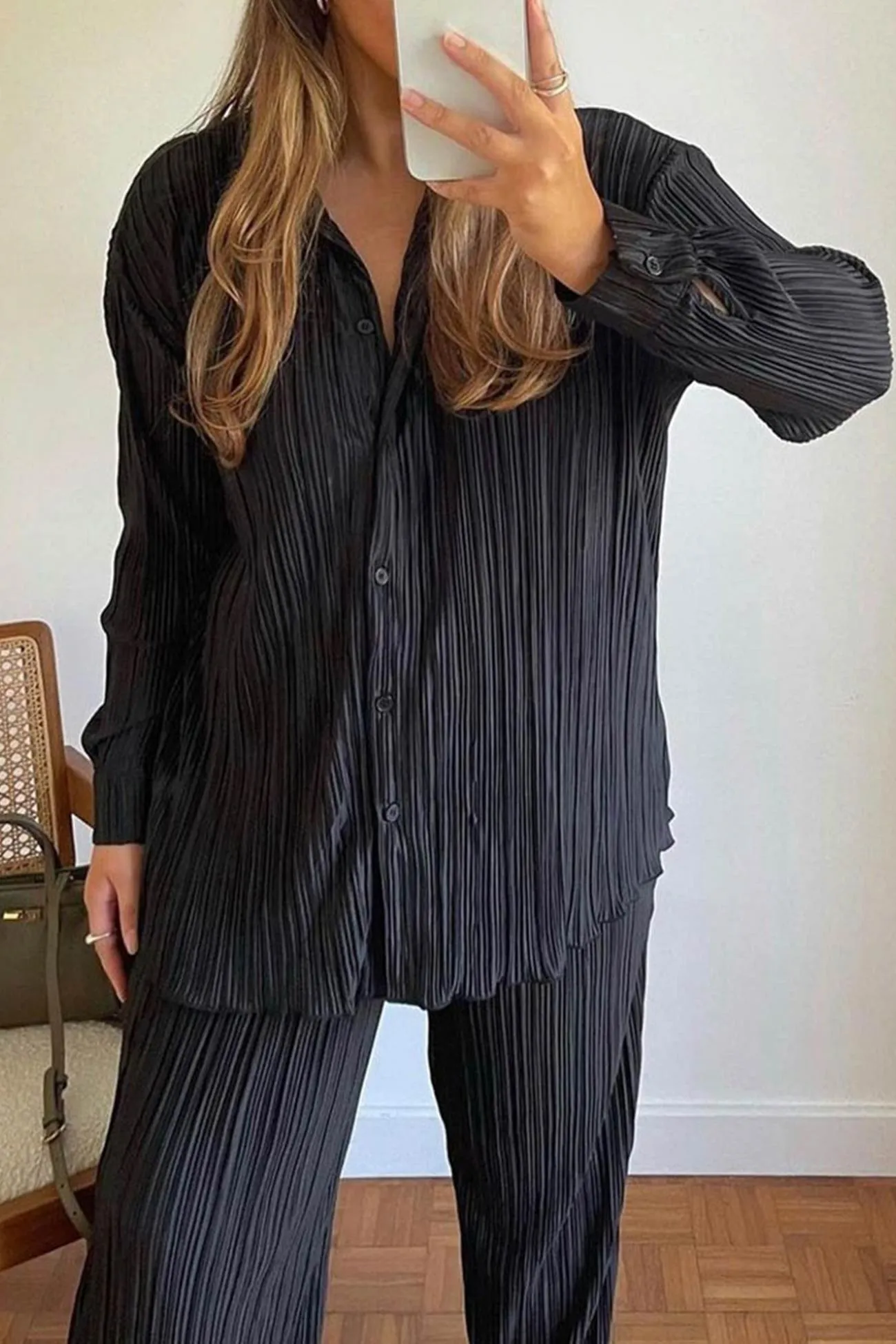 Pleated Shirt Wide Leg Pants Set