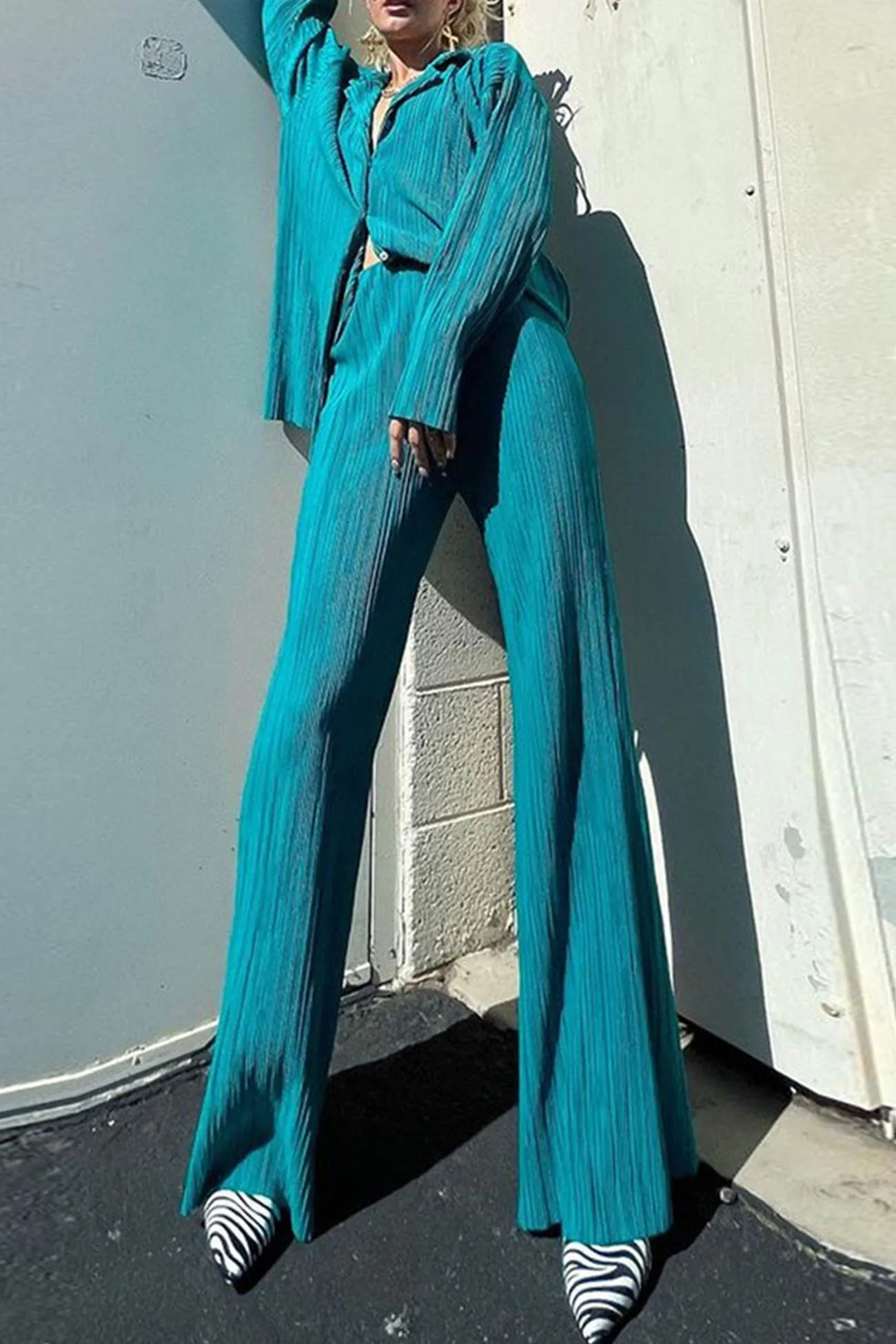 Pleated Shirt Wide Leg Pants Set