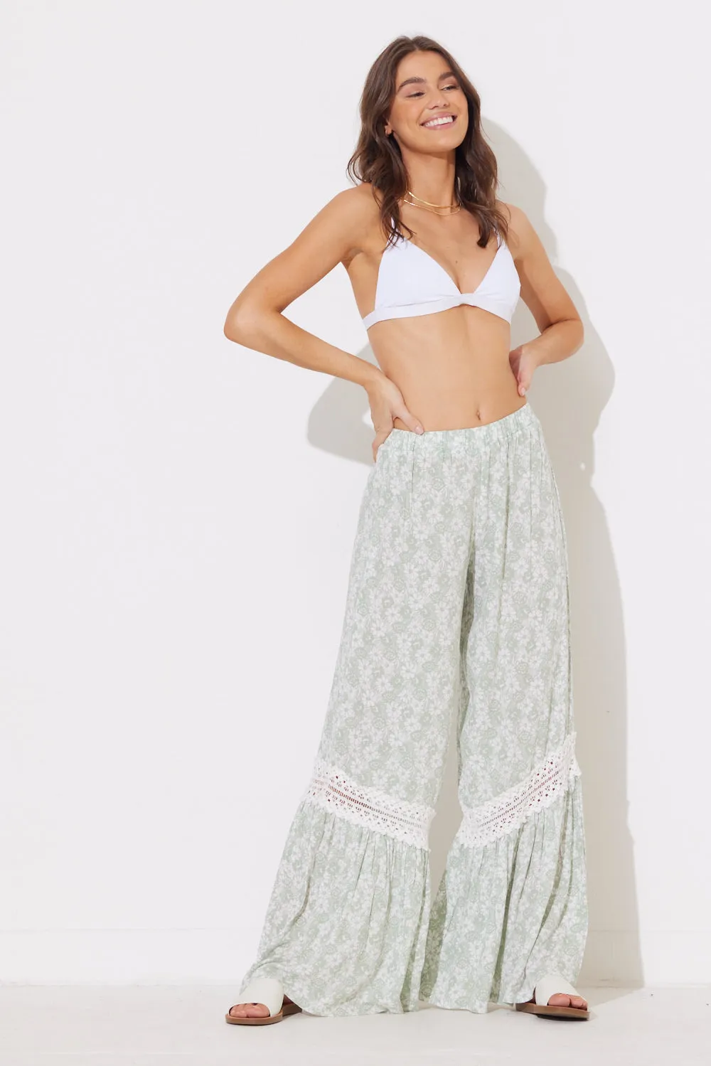 Sage & White Combo Ruffle Bottom Pants