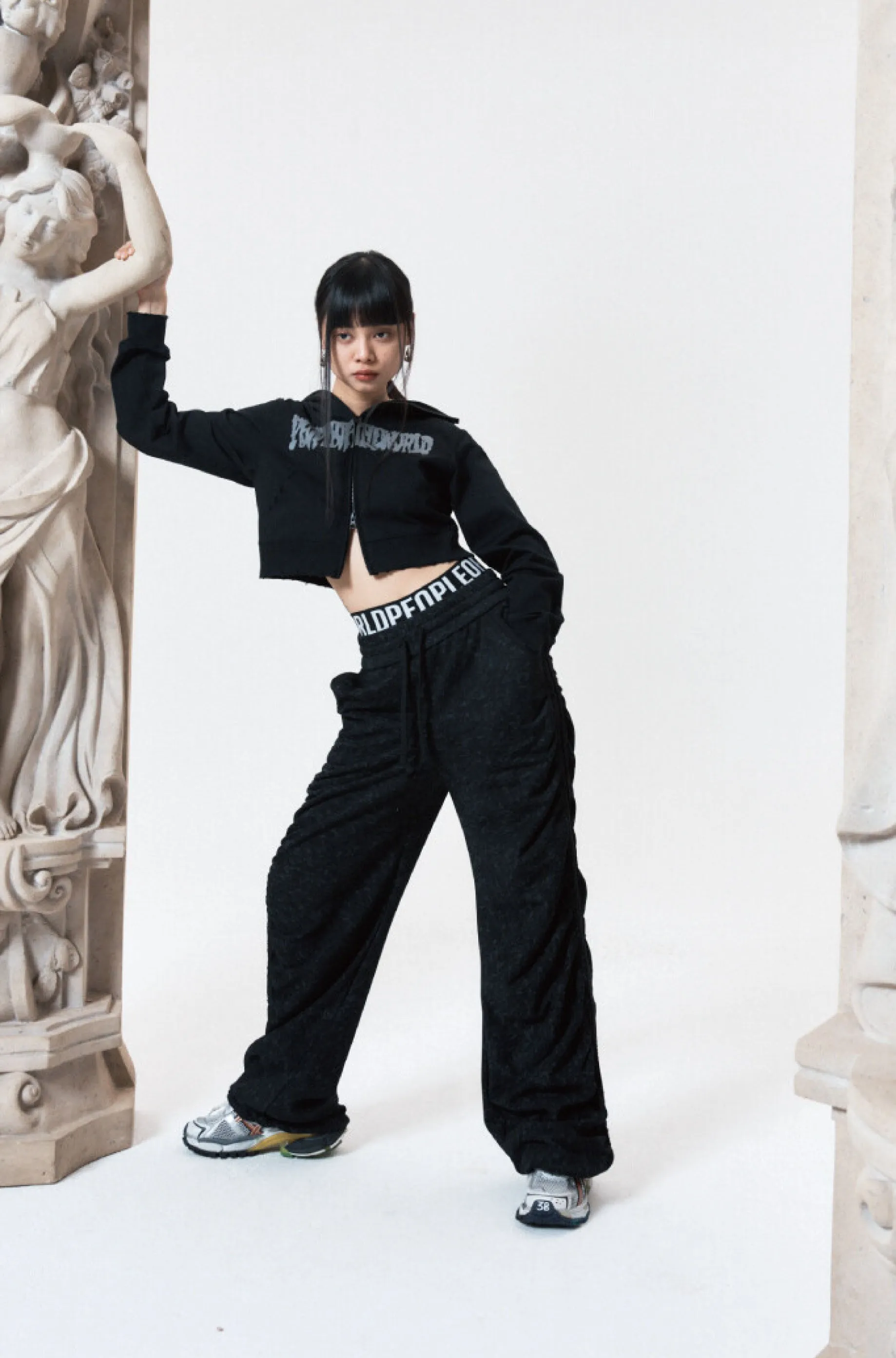 Shirring wide banded pants black