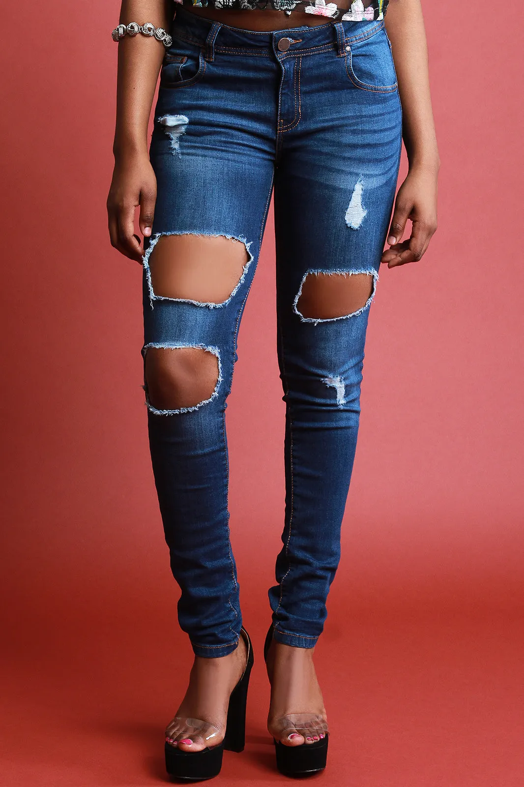 Square Cutout Skinny Denim Jeans