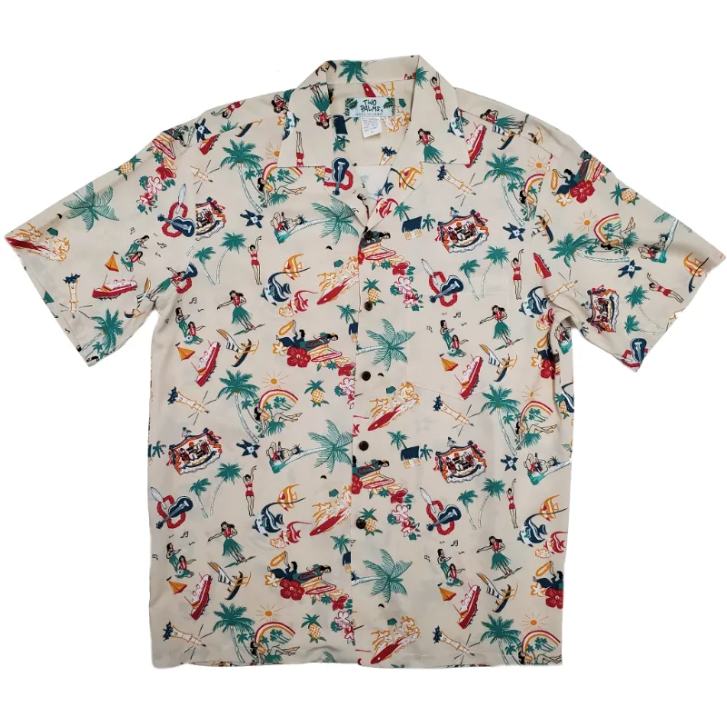 Vintage Inspired Print Hawaiian Aloha White Cream Shirt