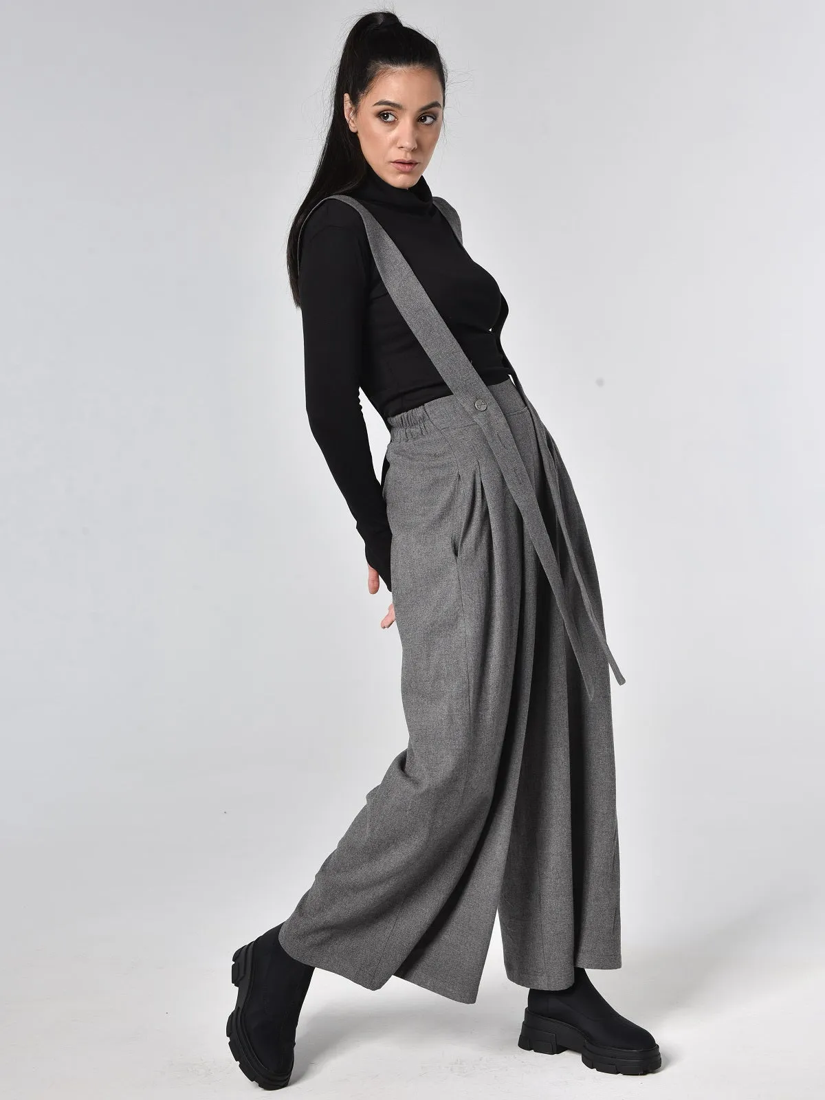 Wide-Leg Wool Pants With Suspenders