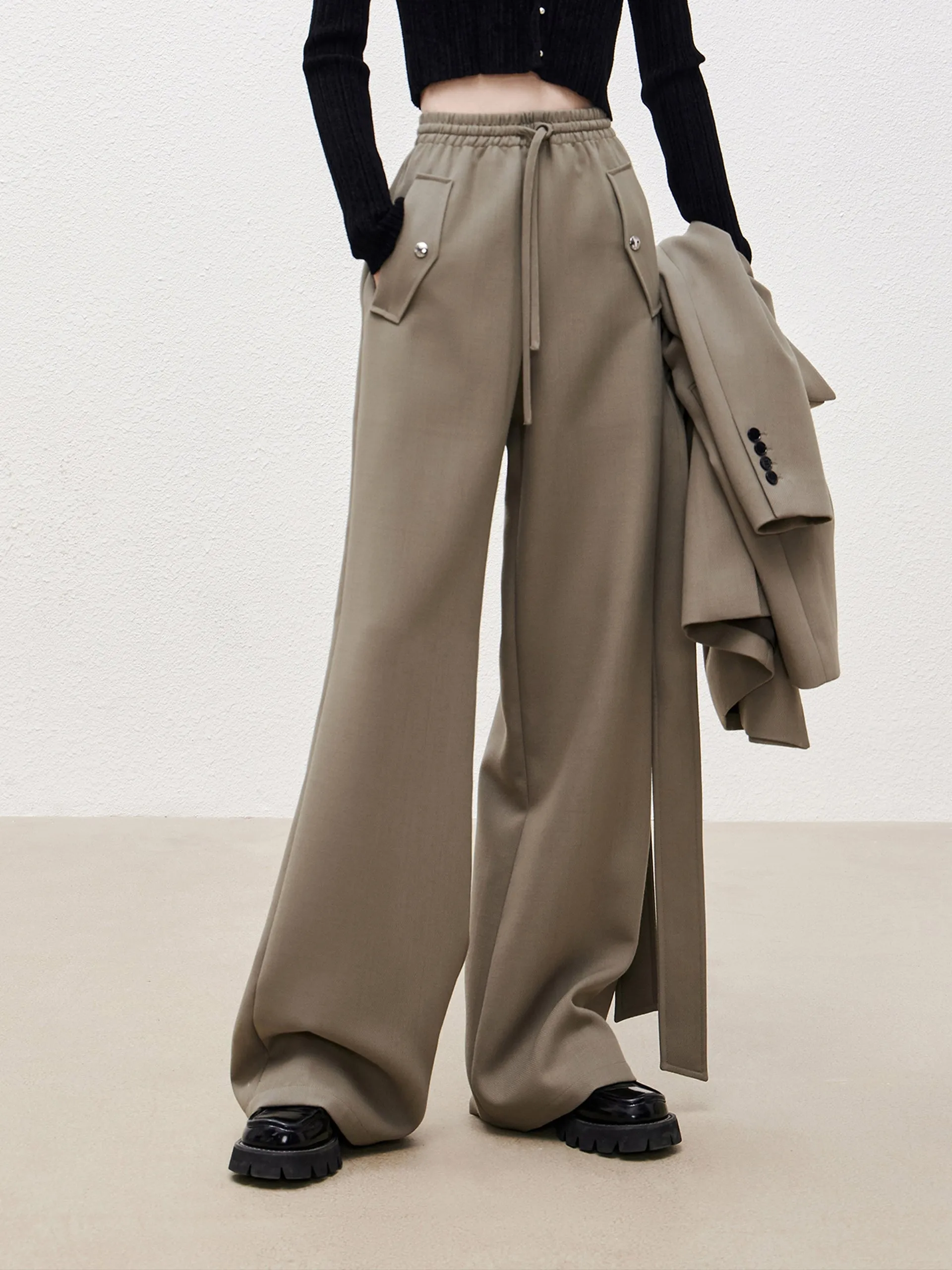 Wool Blend Drawstring Casual Pants