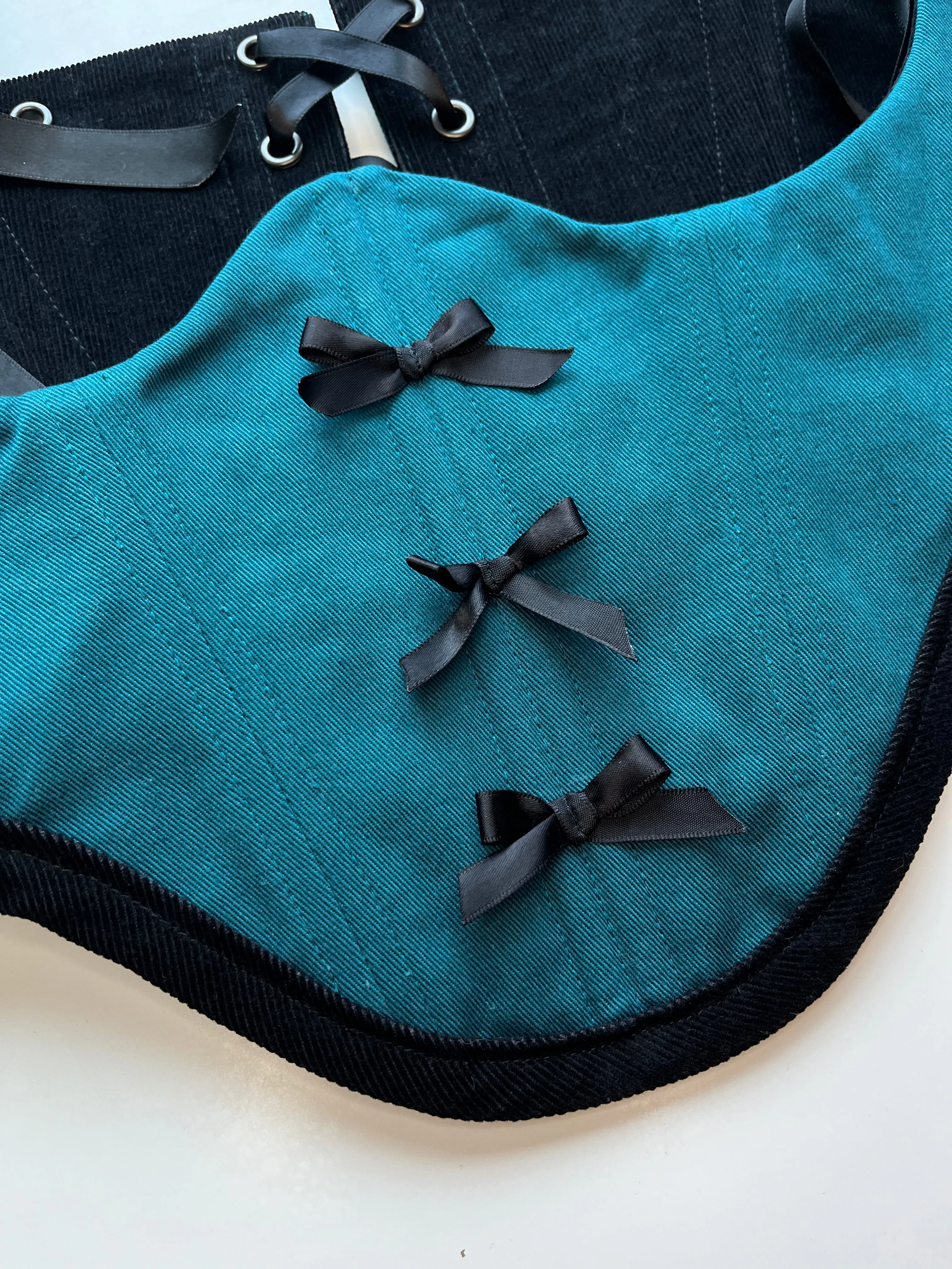 XS-S, Reversible black corduroy /  teal bows underbust corsage