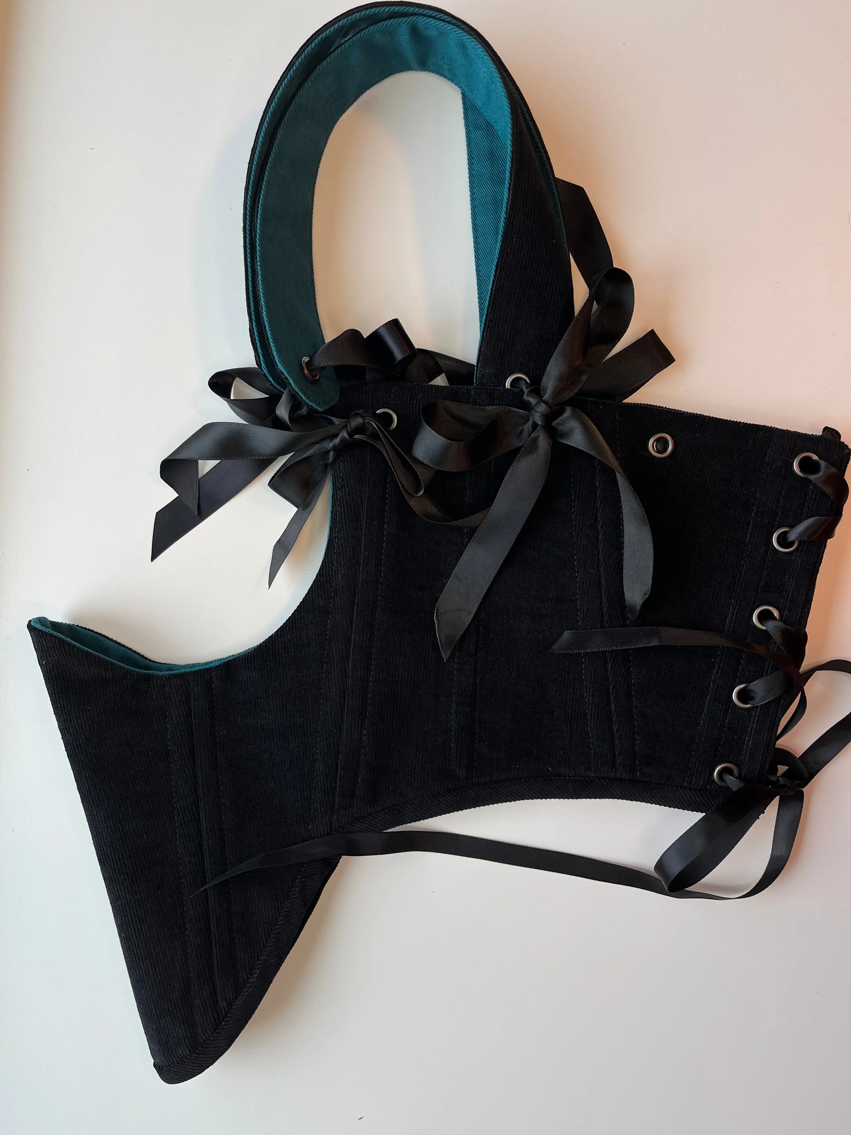 XS-S, Reversible black corduroy /  teal bows underbust corsage