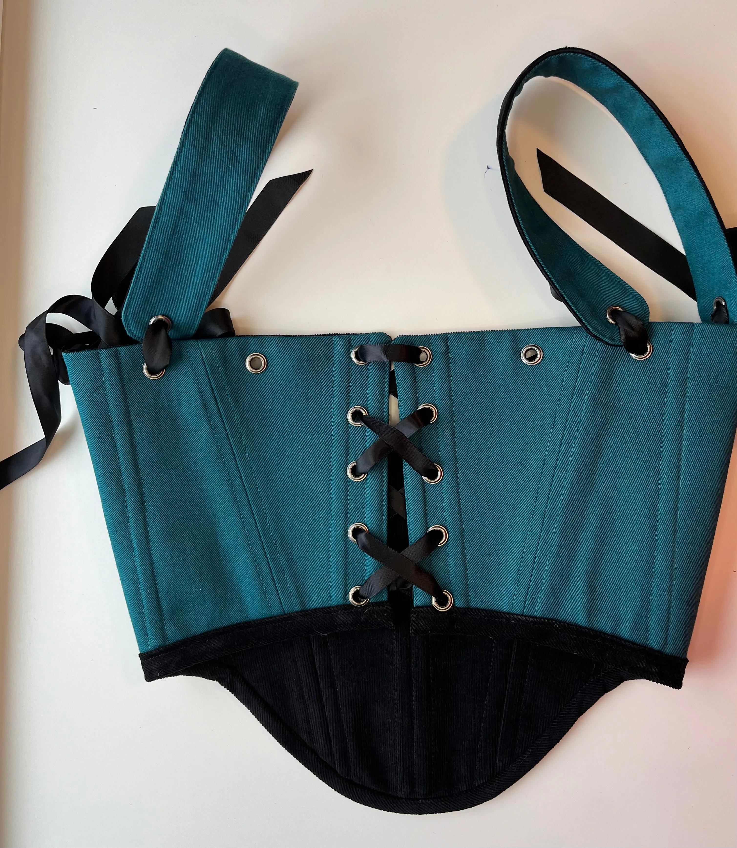 XS-S, Reversible black corduroy /  teal bows underbust corsage