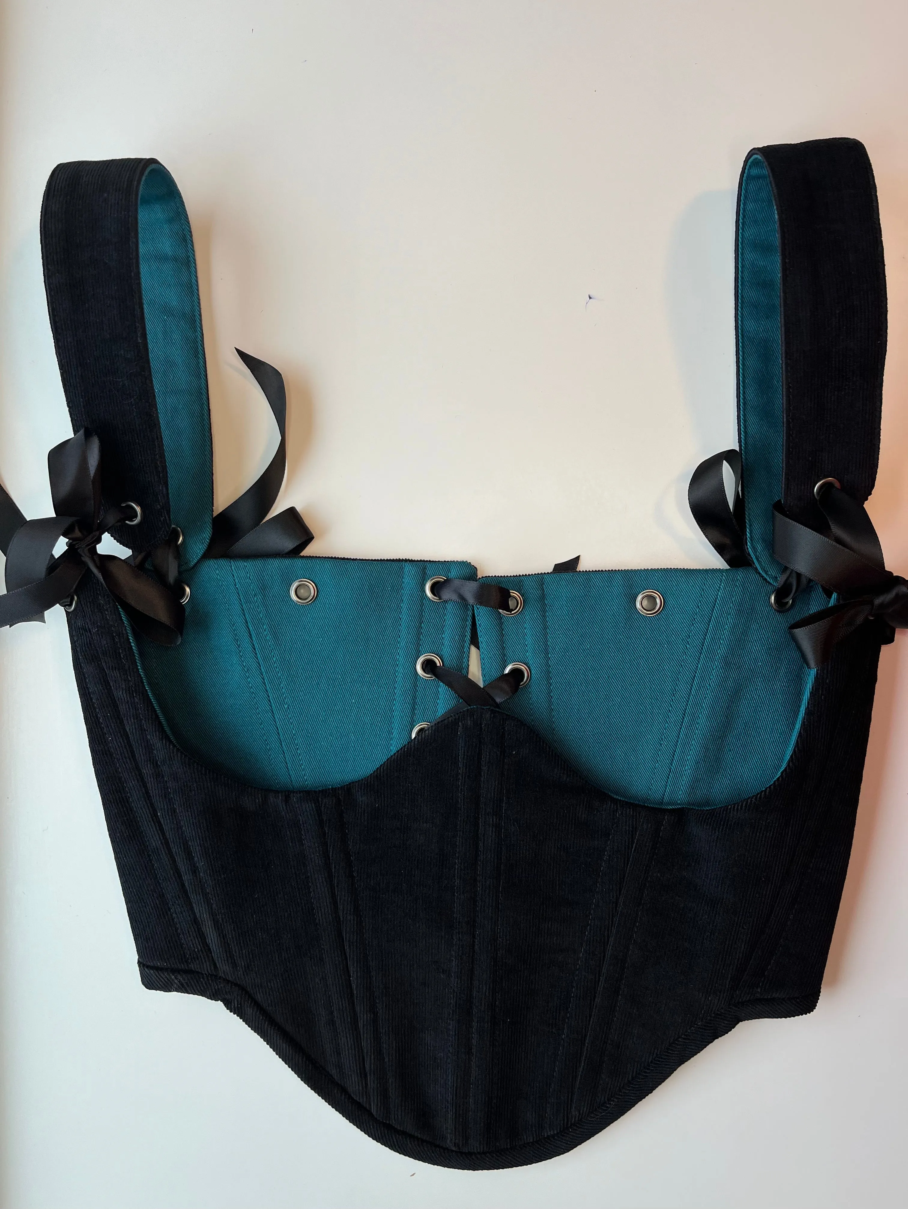 XS-S, Reversible black corduroy /  teal bows underbust corsage