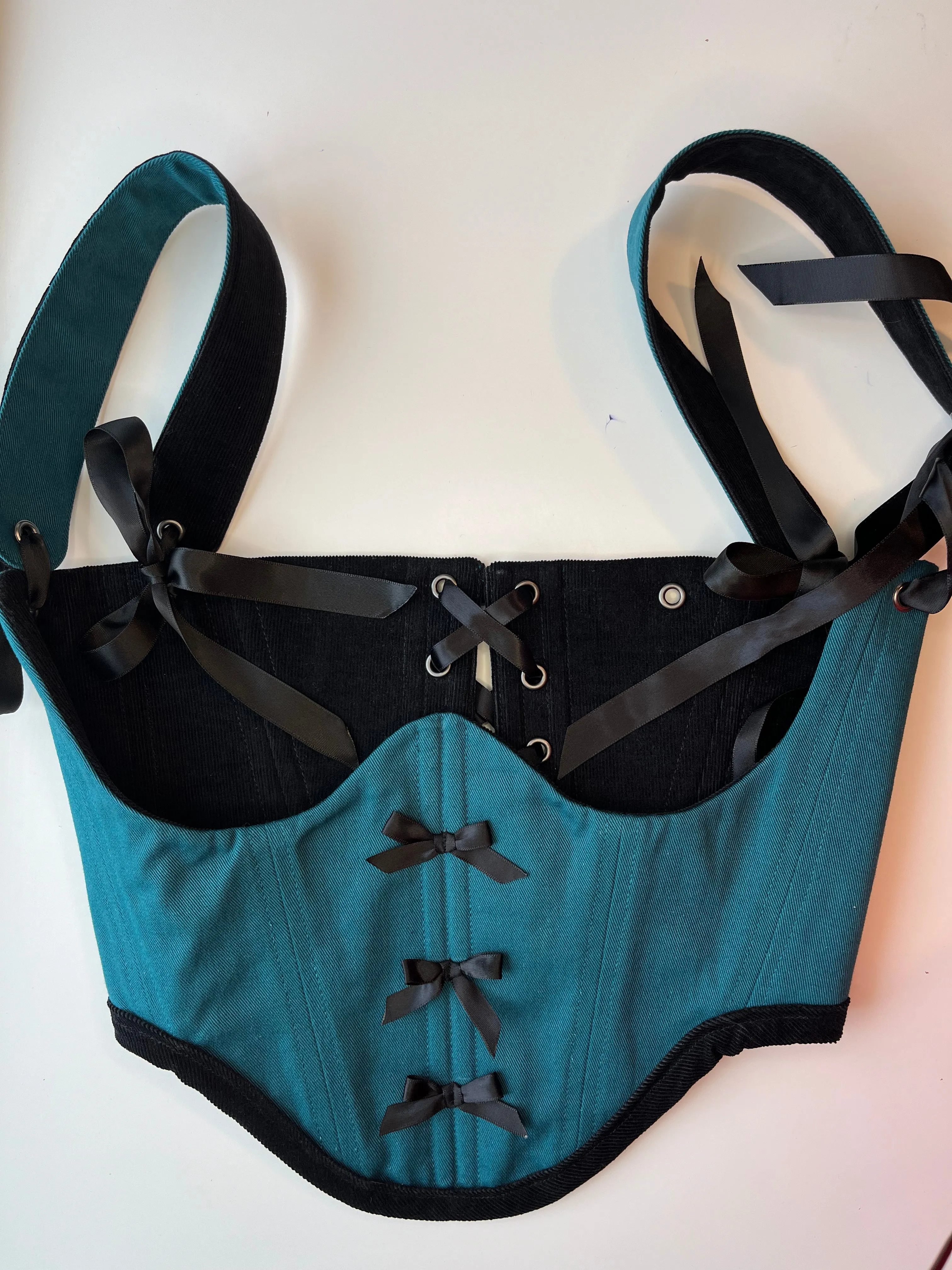 XS-S, Reversible black corduroy /  teal bows underbust corsage