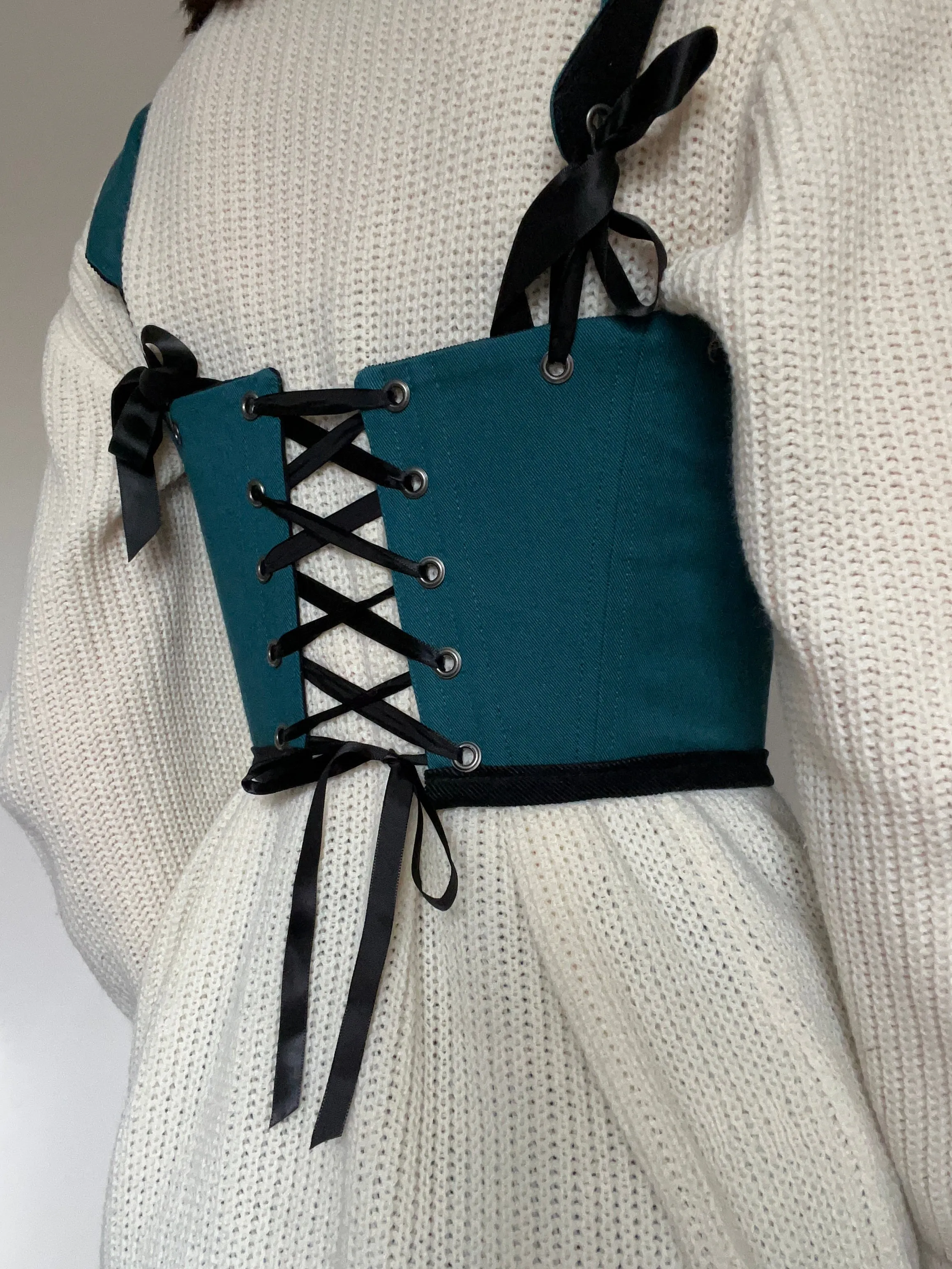 XS-S, Reversible black corduroy /  teal bows underbust corsage