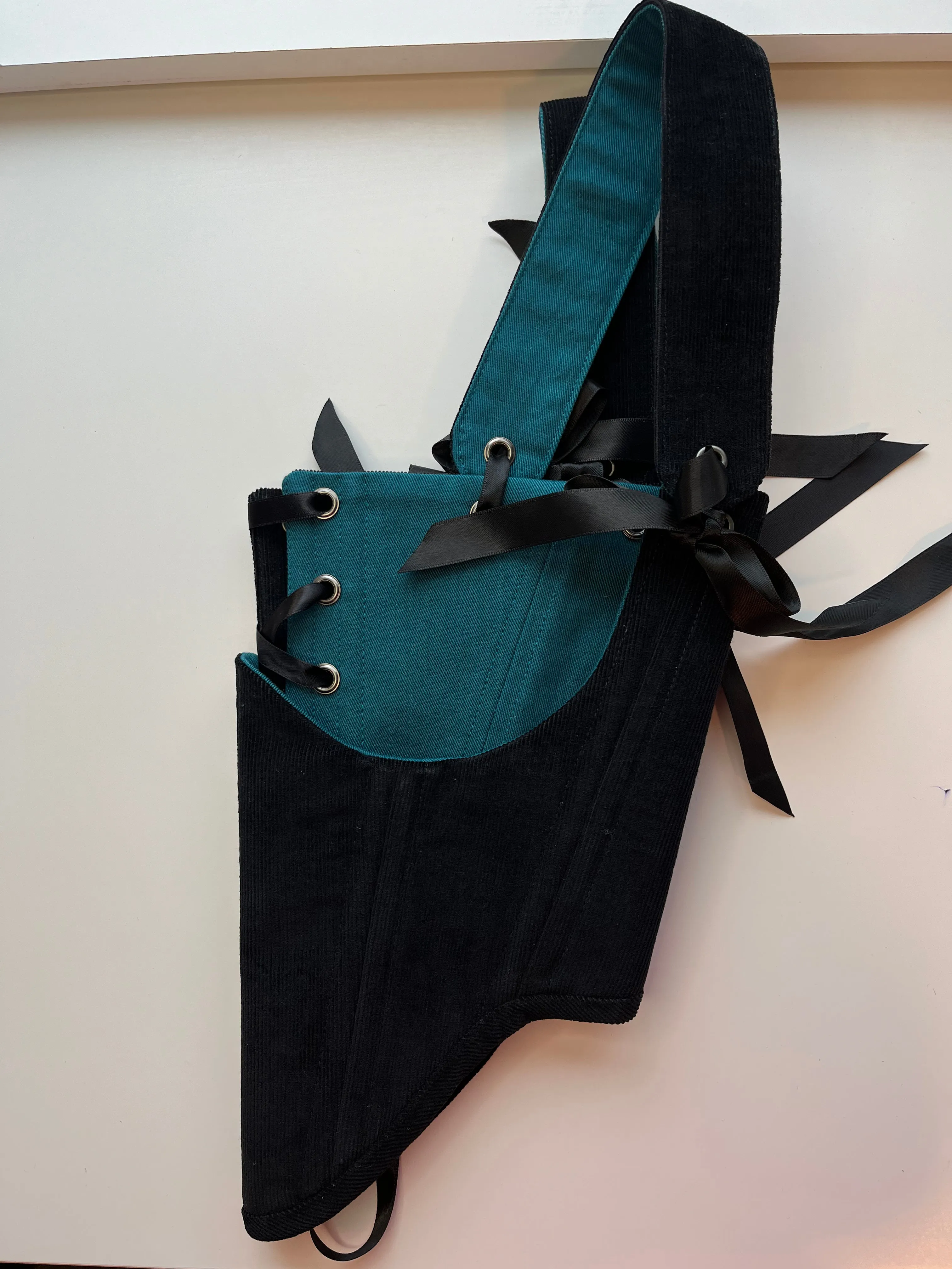 XS-S, Reversible black corduroy /  teal bows underbust corsage