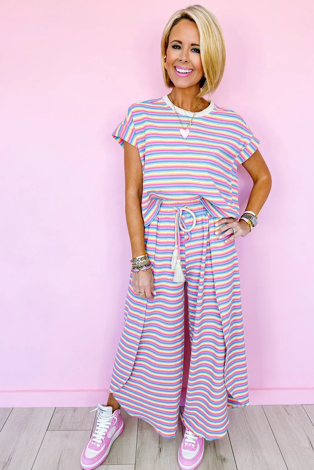 Yellow Stripe Rainbow Tee and Tassel Drawstring Wide Leg Pants Set