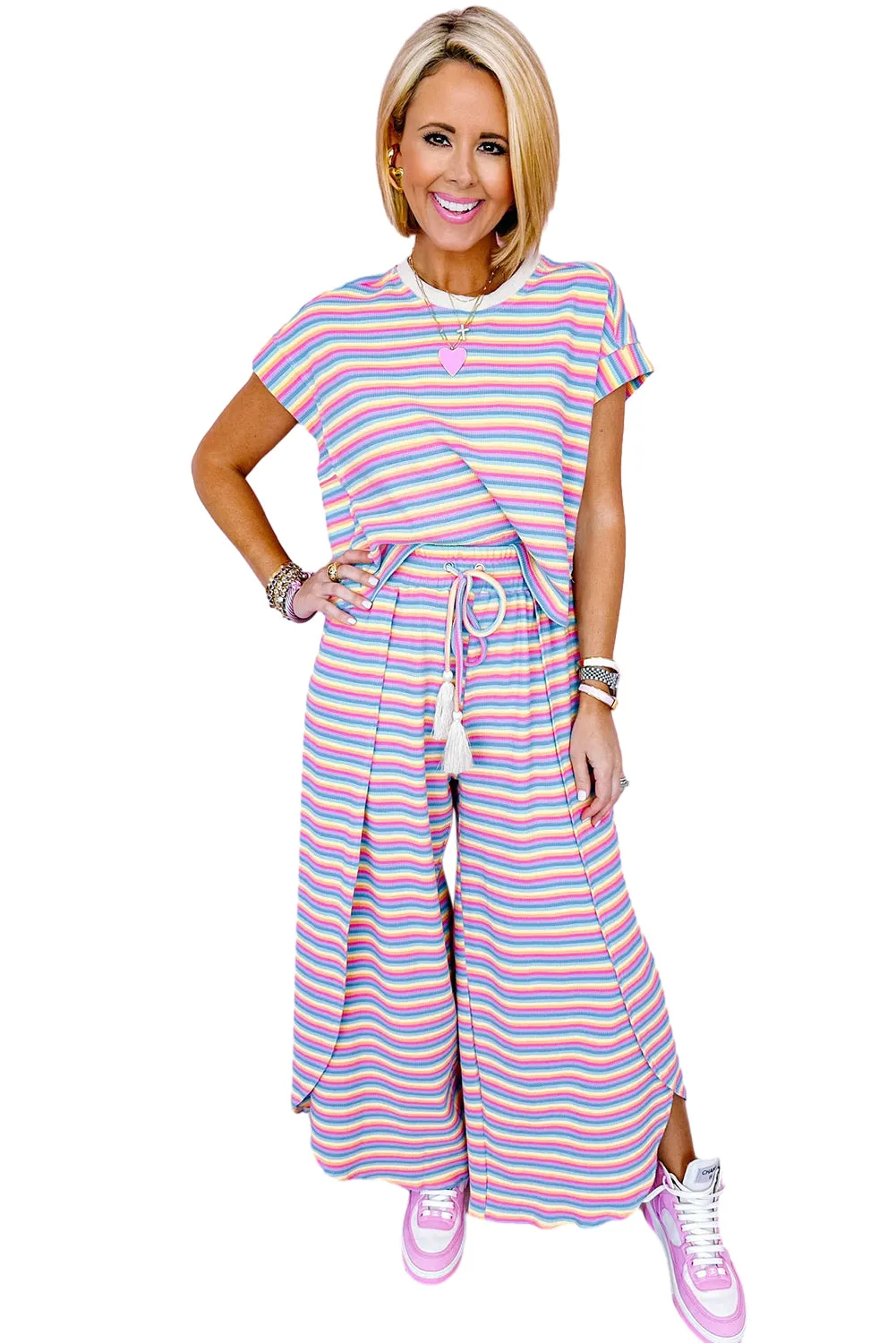 Yellow Stripe Rainbow Tee and Tassel Drawstring Wide Leg Pants Set