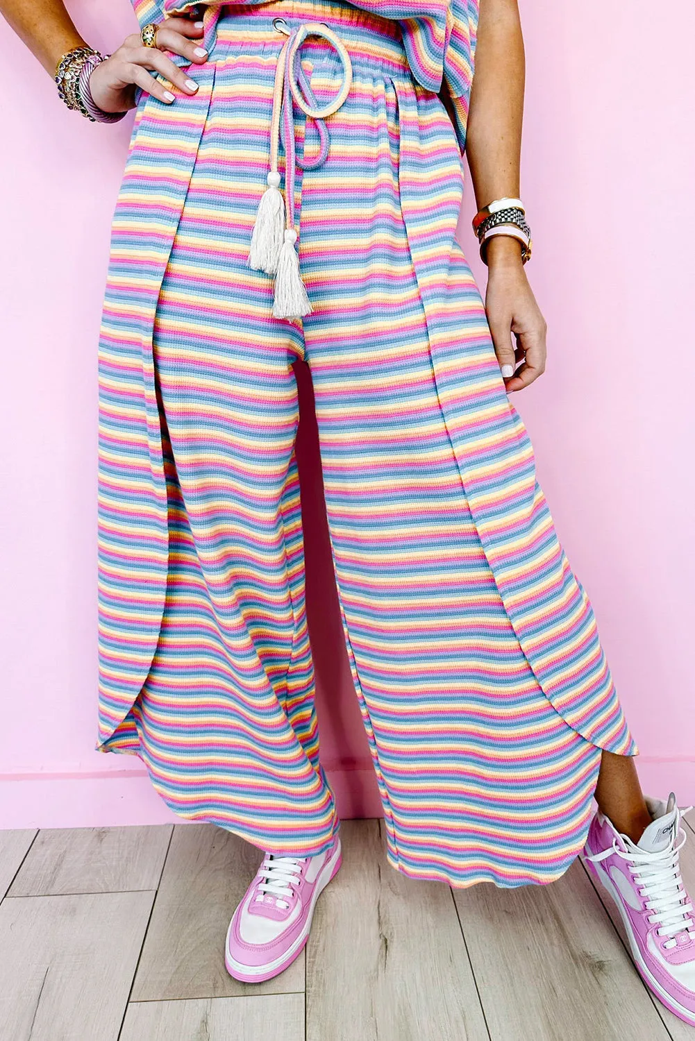 Yellow Stripe Rainbow Tee and Tassel Drawstring Wide Leg Pants Set