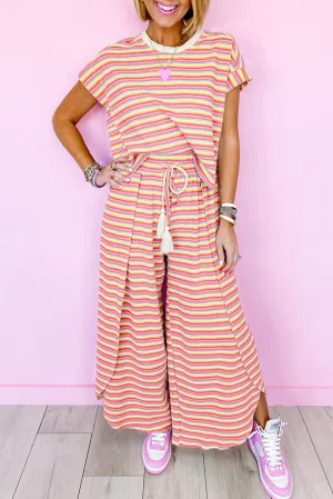 Yellow Stripe Rainbow Tee and Tassel Drawstring Wide Leg Pants Set