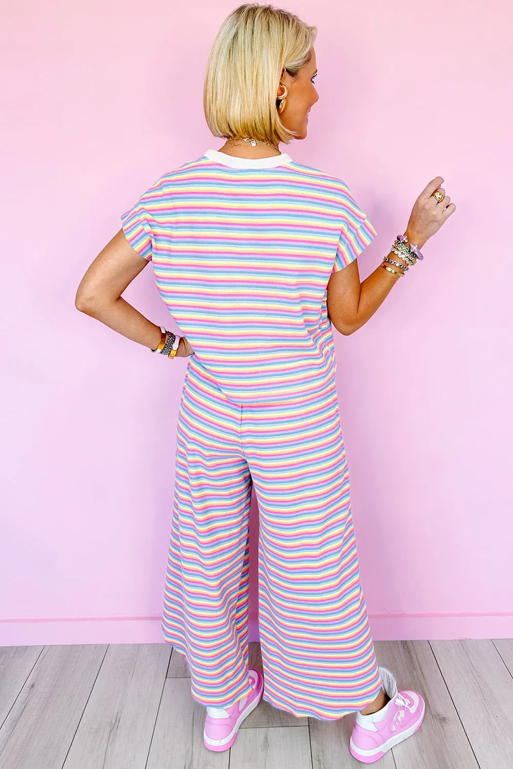 Yellow Stripe Rainbow Tee and Tassel Drawstring Wide Leg Pants Set