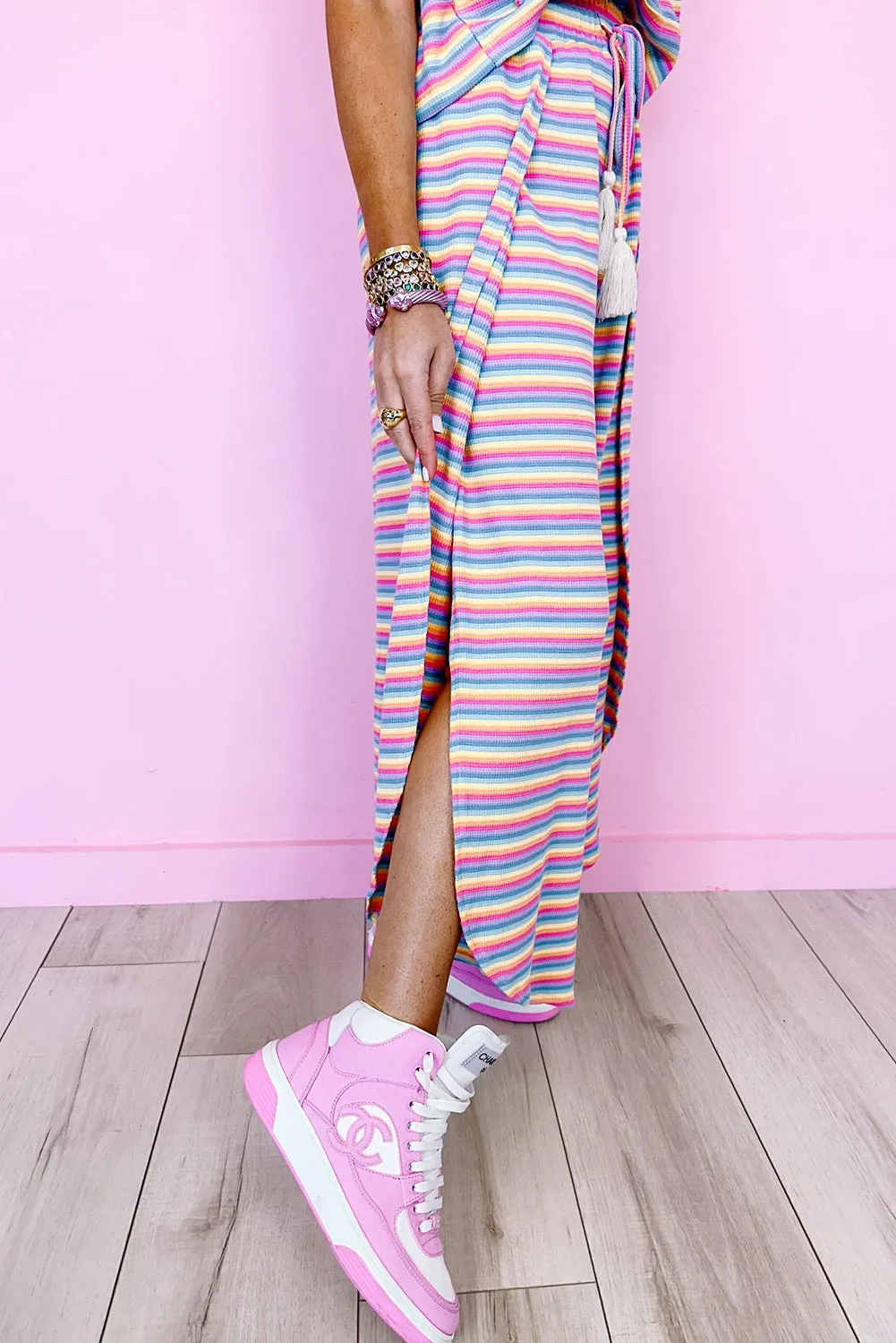 Yellow Stripe Rainbow Tee and Tassel Drawstring Wide Leg Pants Set